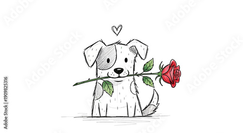 Adorable illustration of a happy dog holding a single red rose in its mouth, portraying romantic gesture or deep affection in a charming cartoon style