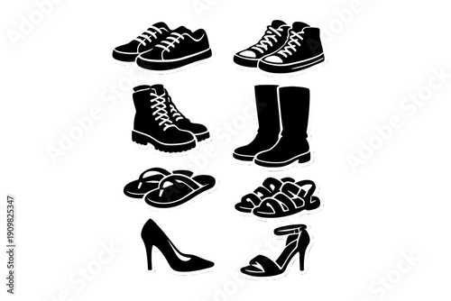 This graphic illustration displays a variety of footwear icons including sneakers, boots, flip-flops, and high heels. The black and white silhouettes are arranged in a simple grid.