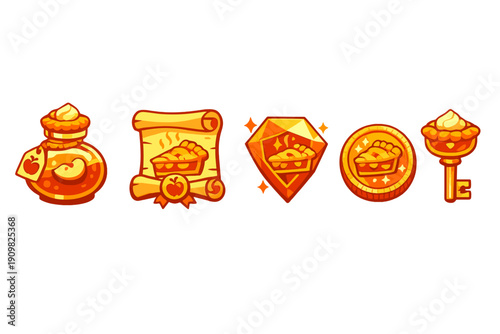 Five stylized orange and yellow game assets depicting apple pie motifs, such as a potion, scroll, gem, coin, and key, isolated on a black background for digital interface design.