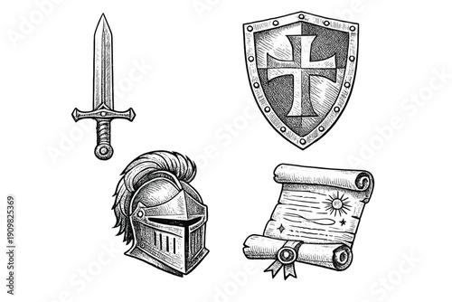 A collection of four medieval-themed illustrations featuring a sword, a shield with a cross, a knight's helmet, and an ancient scroll, all rendered in a vintage engraving style on a black background.