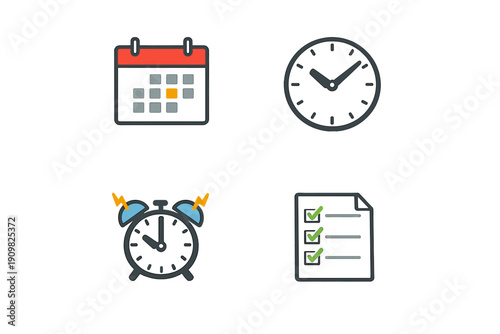 A set of four flat vector icons representing time management and organization, including a calendar, an analog clock, a ringing alarm clock, and a checklist with green marks.