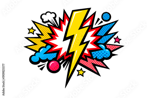 A vibrant comic book style explosion featuring a yellow lightning bolt, colorful clouds, and halftone patterns against a black background. Ideal for pop art and superhero themed designs.