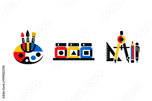 A minimalist vector illustration featuring art and design tools including a painter's palette with brushes, three jars of paint, a compass, a set square, and drawing pencils on a black background.