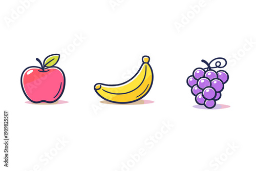 A red apple, a yellow banana, and a bunch of purple grapes are illustrated as stylized icons with dark outlines and highlights, set against a plain black background.