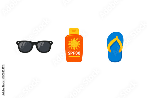 A flat vector illustration featuring essential summer items: black sunglasses, an orange bottle of SPF 30 sunscreen, and a blue flip-flop with yellow straps on a black background.