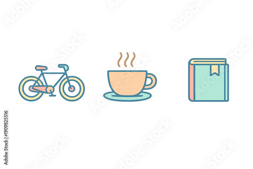 A set of three flat design icons featuring a bicycle, a hot cup of coffee, and a book with a bookmark, all rendered in pastel colors on a plain black background.