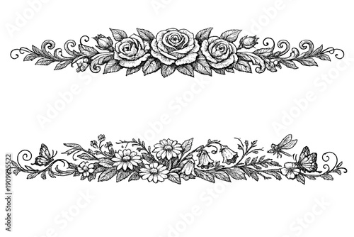 Two vintage hand-drawn floral borders featuring roses, daisies, and butterflies on a black background. These decorative dividers are rendered in a detailed monochrome engraving style.