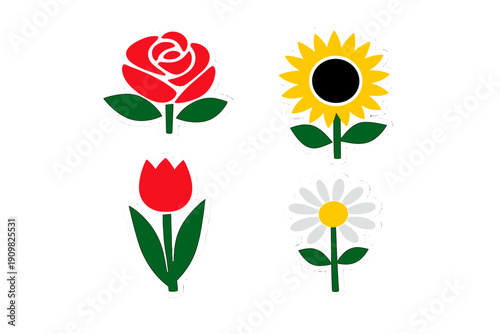 This set of four floral stickers includes a red rose, a yellow sunflower, a red tulip, and a white daisy, each with green stems and leaves against a dark black background.