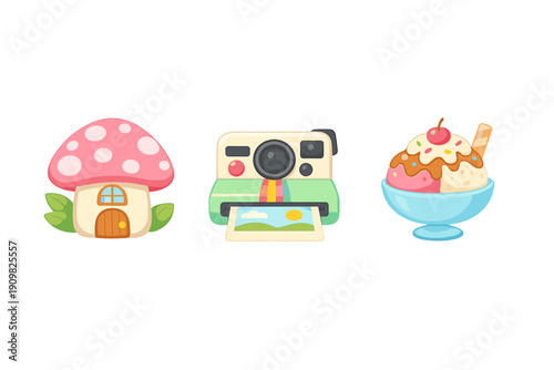A collection of three cute cartoon illustrations featuring a pink mushroom house, a vintage instant camera printing a photo, and a delicious ice cream sundae in a blue bowl.
