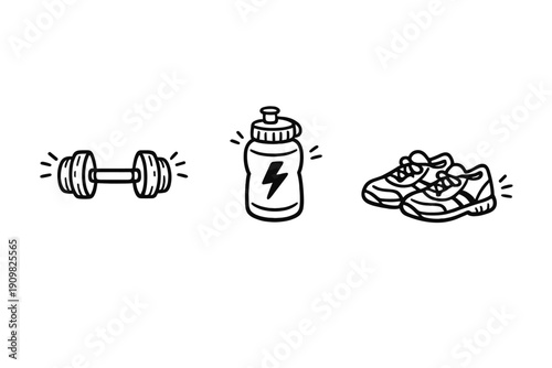 This minimalist line art illustration features a dumbbell, a sports water bottle with a lightning bolt, and a pair of athletic shoes on a solid black background.