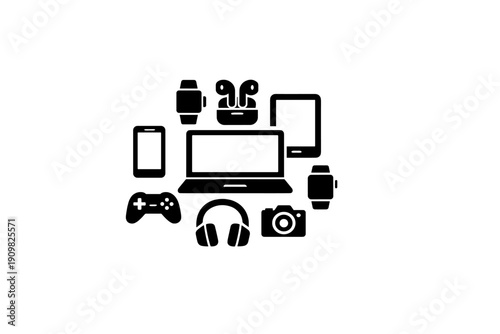 Minimalist black and white vector illustration of a handheld video game console. The graphic features a screen, directional pad, and buttons against a solid dark background.