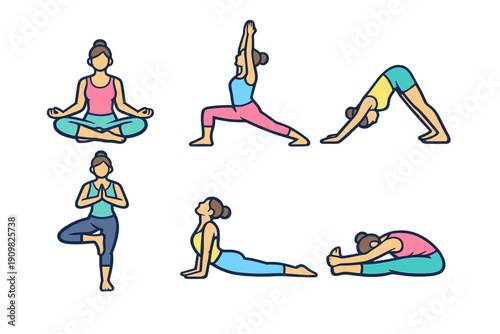 A collection of six flat vector illustrations depicting a woman performing various yoga poses such as lotus, downward dog, and tree pose, set against a dark background for wellness.