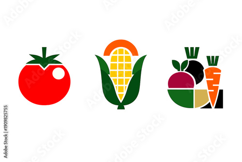 Three stylized vegetable icons featuring a red tomato, an ear of corn with green husks, and a group of root vegetables including a carrot and beet, all set against a black background.