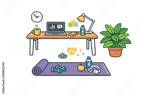 A flat vector illustration showing a workspace with a laptop and coffee mug above a fitness area with a yoga mat and weights, highlighting the concept of wellness at home.