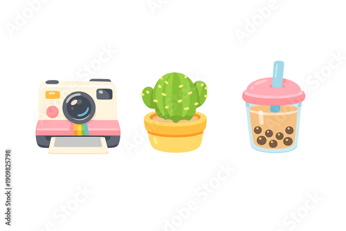 A collection of three cute cartoon illustrations featuring a vintage instant camera with a rainbow stripe, a small green cactus in a yellow pot, and a cup of bubble tea with boba pearls.