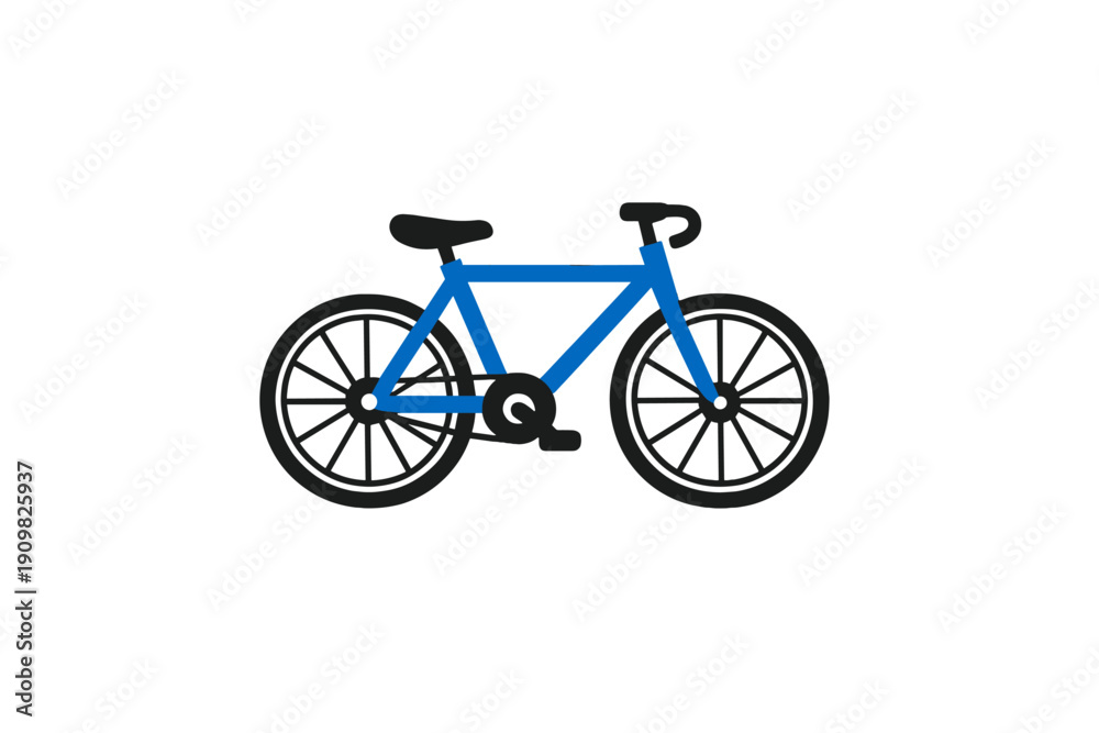 Fototapeta premium A minimalist flat vector illustration of a blue bicycle with black wheels and handlebars, isolated on a solid black background. The design features a simple, modern aesthetic.