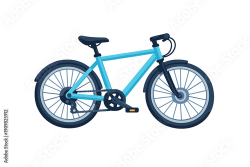 A flat vector illustration of a blue bicycle with a black seat and handlebars, isolated on a black background. The bike features dark grey wheels with spokes and black fenders.