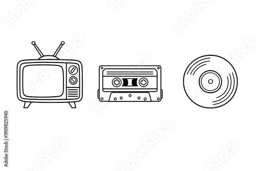 A minimalist line art illustration featuring a retro television set, a cassette tape, and a vinyl record arranged horizontally on a solid black background for a vintage aesthetic.