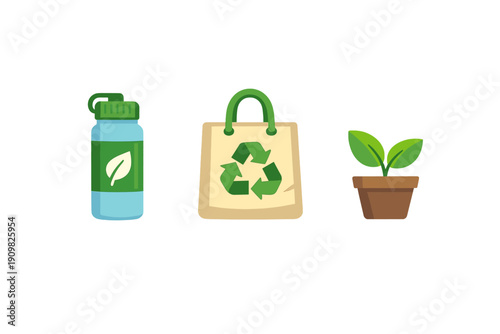 A flat illustration featuring a reusable water bottle with a leaf, a shopping bag with a recycling symbol, and a small potted plant, representing eco-friendly lifestyle choices.
