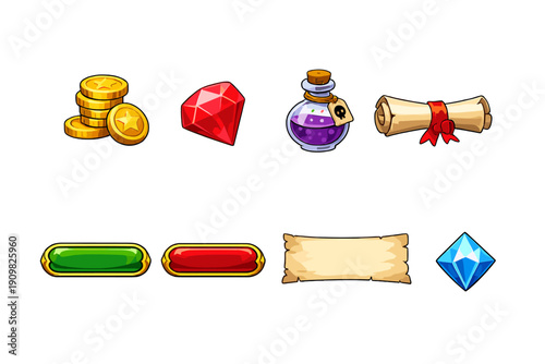 A collection of fantasy game icons featuring gold coins, red and blue gems, a purple potion bottle, parchment scrolls, and colorful UI buttons isolated on a black background.