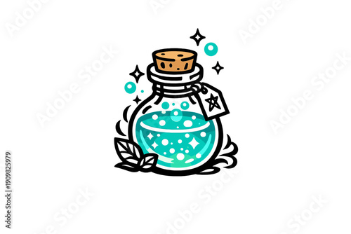 A stylized digital illustration of a round glass flask containing a bubbling turquoise magic potion. The bottle is sealed with a cork and set against a solid black background.
