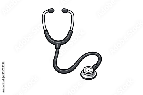 This illustration features a professional medical stethoscope with black tubing and metallic components, set against a dark background. It represents healthcare and diagnostics.
