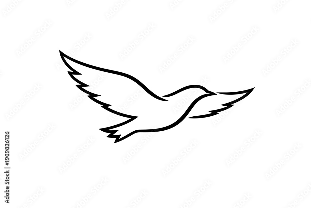 Obraz premium A minimalist black and white line art illustration of a bird in flight with its wings spread wide against a dark background. The stylized outline depicts a sense of freedom and motion.