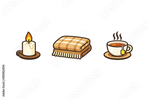 Three cozy icons including a lit candle, a folded plaid blanket, and a steaming cup of tea with a tea bag on a saucer, all set against a solid black background in a flat cartoon style.