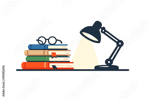A flat vector illustration featuring a stack of four colorful books with a pair of glasses on top, brightly illuminated by a desk lamp against a dark background.