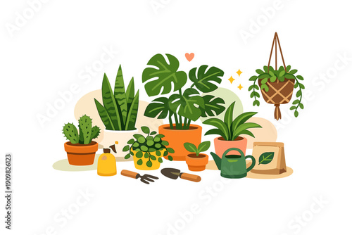 A flat vector illustration of various indoor houseplants in colorful pots, including a monstera and snake plant, alongside gardening tools like a watering can and trowel on a black background.