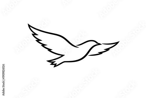 A minimalist black and white line art illustration of a bird in flight with its wings spread wide against a dark background. The stylized outline depicts a sense of freedom and motion.
