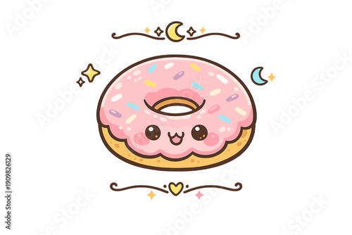 This whimsical illustration features a cute pink donut with a kawaii face and colorful sprinkles. It is decorated with celestial stars and crescent moons against a solid black background.