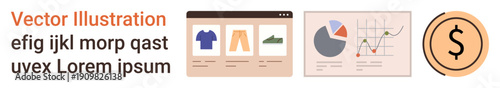 Online shopping, business analytics, web design, data visualization, financial management, e-commerce concepts. Product page layout, graphs and dollar icon. E-commerce and business analytics