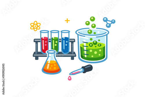 A colorful vector illustration of laboratory equipment including test tubes, a beaker, a flask, and a pipette with bubbling liquids, atoms, and molecules on a black background.