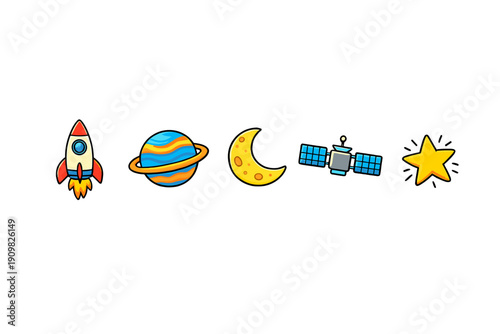 A collection of five colorful space-themed cartoon icons including a rocket, a ringed planet, a crescent moon, a satellite, and a star, all isolated on a solid black background.
