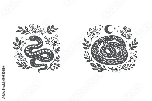 Two stylized monochromatic illustrations of snakes surrounded by botanical elements like leaves and flowers. One snake is coiled under a crescent moon and stars on a black background.