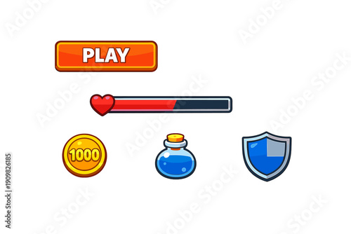 A collection of cartoon game user interface elements including an orange play button, a red health bar with a heart, a gold coin, a blue potion bottle, and a blue shield on a black background.