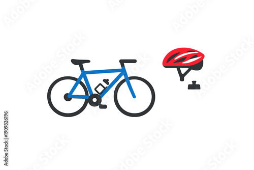 A blue bicycle icon is shown alongside a red cycling helmet and a black water bottle against a solid black background. This illustration represents cycling gear and equipment.