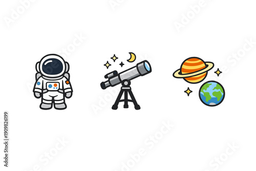 A collection of three space-themed cartoon icons featuring an astronaut in a white suit, a telescope on a tripod under a crescent moon, and the planets Saturn and Earth with stars.