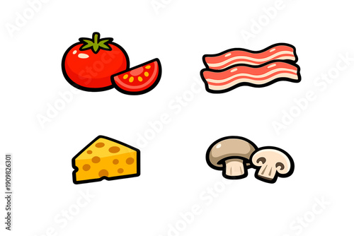 A collection of four food illustrations featuring a red tomato with a slice, two strips of bacon, a wedge of yellow cheese, and two mushrooms on a solid black background.