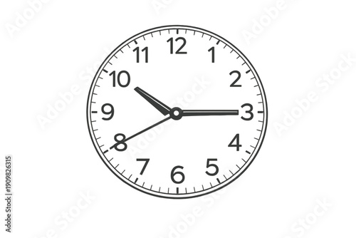 This minimalist line art illustration shows an analog clock face with numbers from one to twelve. The hands indicate the time is approximately ten fifteen and forty seconds.
