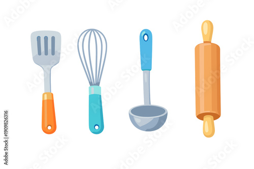 A collection of four colorful cartoon kitchen utensils featuring a spatula, whisk, ladle, and rolling pin, isolated on a black background. Ideal for culinary and baking designs.