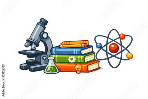 A cartoon graphic displays various scientific tools including a microscope, a stack of books with a pencil, a flask of green liquid, and an atomic structure on a dark backdrop.