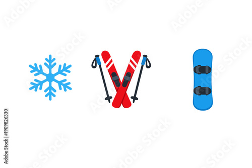 This illustration features three distinct winter-themed icons: a light blue snowflake, a pair of red skis with black poles, and a blue snowboard on a black background.