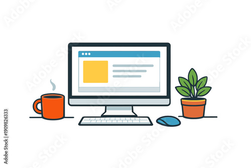 A flat vector illustration of a modern workspace featuring a computer monitor, keyboard, mouse, a steaming orange coffee mug, and a small potted plant on a dark background.