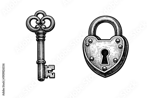 This detailed black and white engraving style illustration features an ornate skeleton key and a heart-shaped padlock, both isolated on a solid black background.