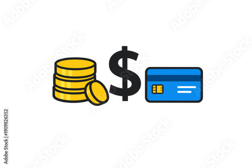 This graphic illustration displays a stack of yellow coins, a black dollar symbol, and a blue credit card on a dark background, symbolizing money, banking, and payment methods.