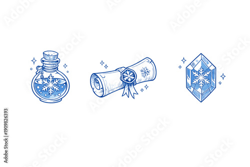 Three blue fantasy icons featuring a potion bottle, a sealed scroll, and a faceted crystal, each decorated with a snowflake motif and surrounded by small sparkles.