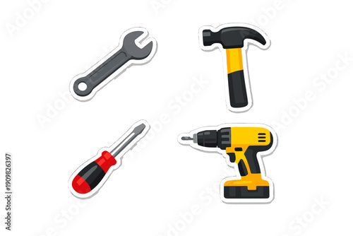 A collection of four tool stickers including a wrench, hammer, screwdriver, and power drill, presented in a flat vector style with white outlines on a black background.