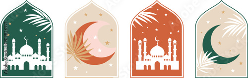  Serene minimalist Eid Mubarak card vector bundle featuring mosque silhouette palm leaves crescent moon stars in green orange beige styles